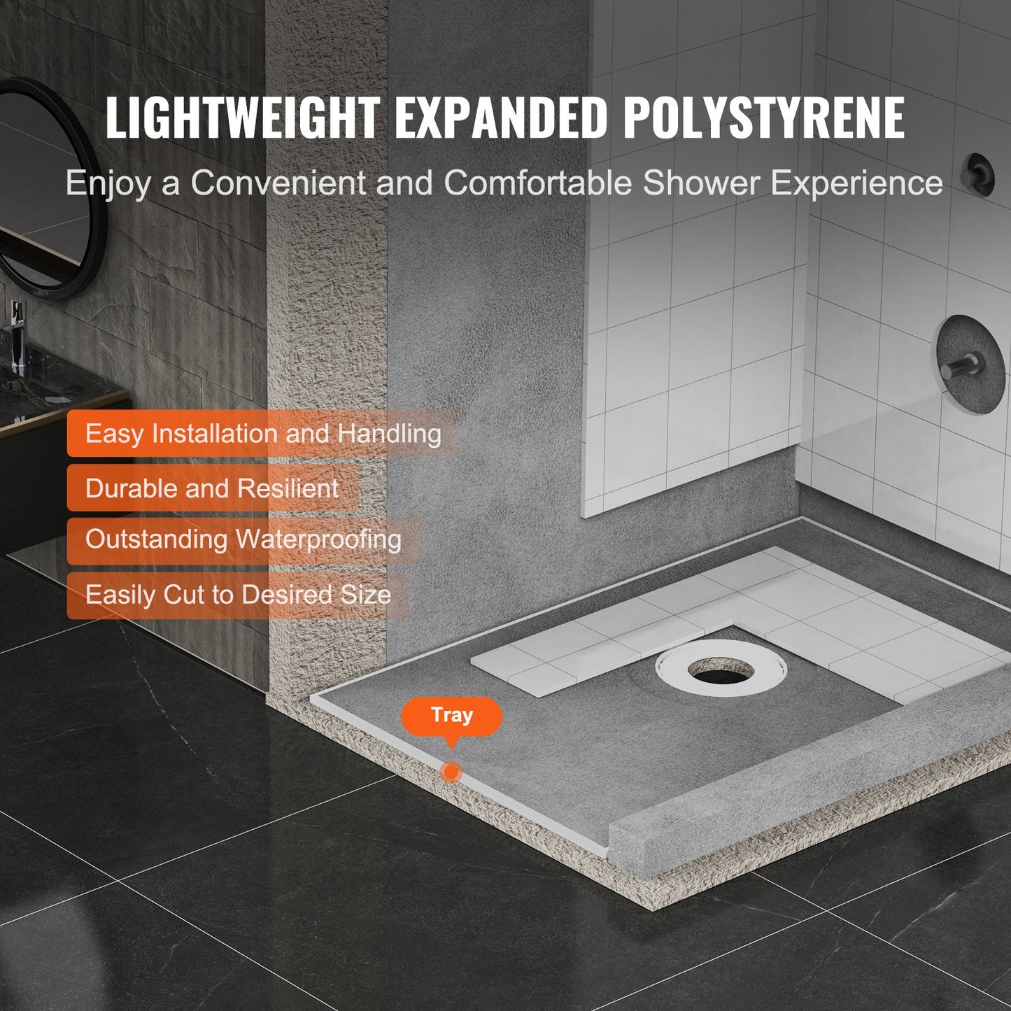 Shower Curb Kit, 48"x72" Shower Pan Kit with 6.3" Central Drain, Lightweight EPS Shower Installation Kits with 2 Waterproof Cloths, Shower Pan Slope Sticks Fit for Bathroom