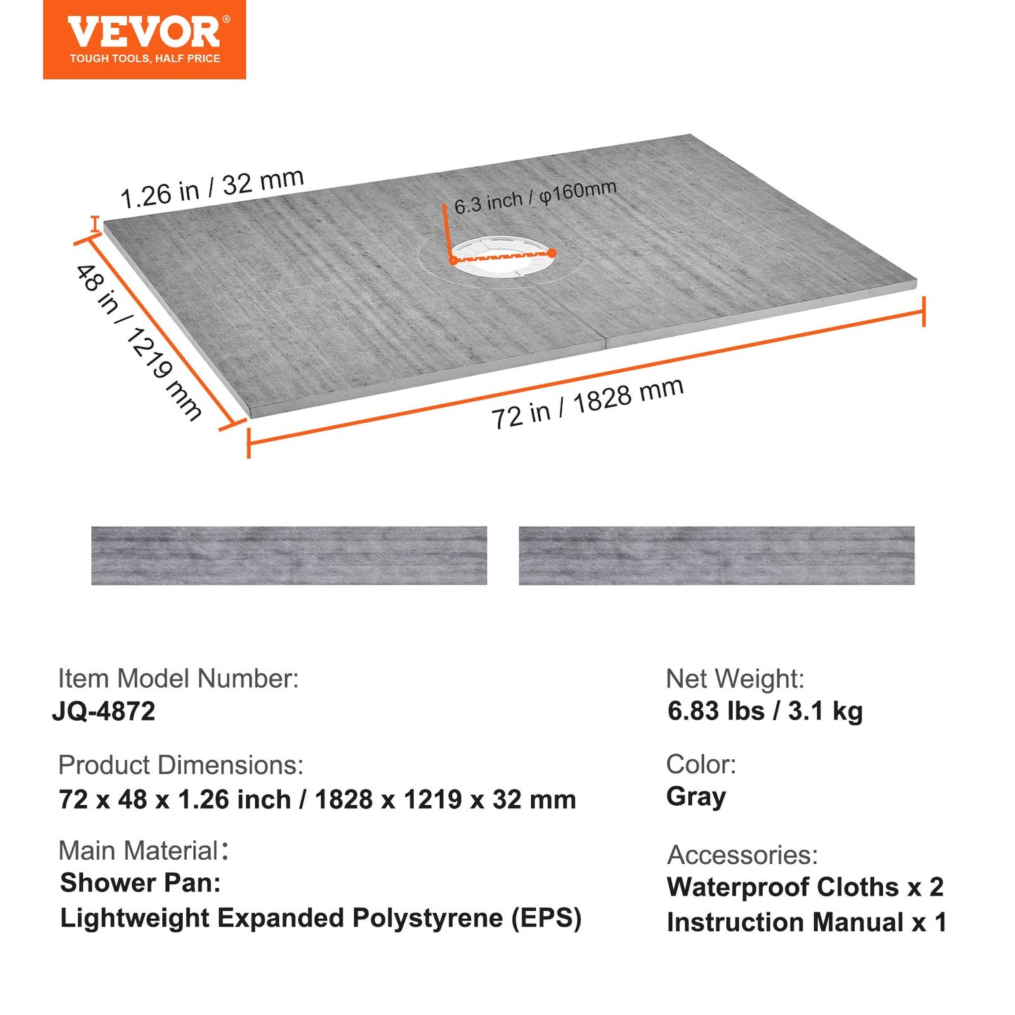 Shower Curb Kit, 48"x72" Shower Pan Kit with 6.3" Central Drain, Lightweight EPS Shower Installation Kits with 2 Waterproof Cloths, Shower Pan Slope Sticks Fit for Bathroom