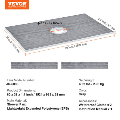 Duschkantsats, 1524x965 mm duschkarsats med 160 mm centralt avlopp, lättvikts EPS-duschinstallationssatser med 2 vattentäta dukar, lutningsstavar för duschkar Passar för badrum