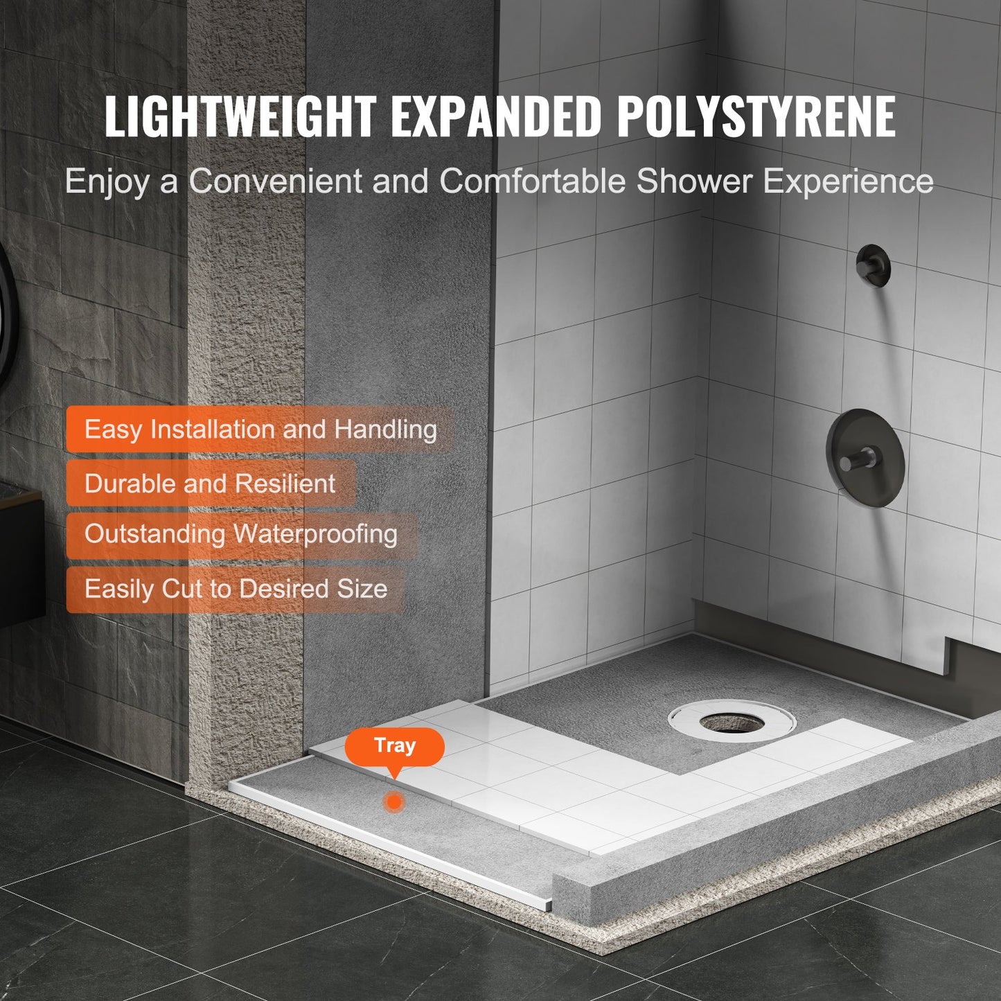 Shower Curb Kit, 60"x38" Shower Pan Kit with 6.3" Offset Drain, Lightweight EPS Shower Installation Kits with 2 Waterproof Cloths, Shower Pan Slope Sticks Fit for Bathroom