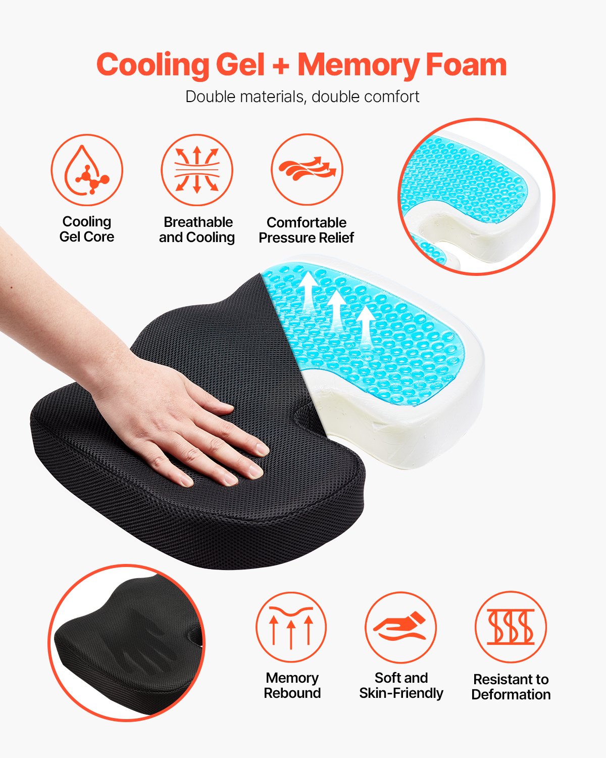 Seat Cushion, Cooling Gel + Memory Foam Seat Cushion, Pressure-Relief Wheelchair Seat Pad with U-Shaped Cutout & Removable Cover, Lightweight and Portable for Travel, Car, Office, Airplane