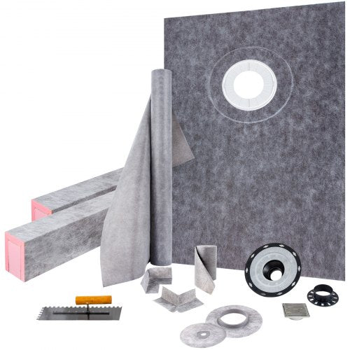 Shower Curb Kit, 38"x60" Watertight Shower Curb Overlay with 4\" ABS Offset Bonding Flange, 4\" Stainless Steel Grate, 2 Cuttable Shower Curb and Trowel, Shower Pan Slope Sticks Fit for Bathro