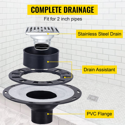 Shower Curb Kit, 38\"x60\" Watertight Shower Curb Overlay with 4\" PVC Central Bonding Flange, 4\" Stainless Steel Grate, 2 Cuttable Shower Curb and Trowel, Shower Pan Slope Sticks Fit for Bathr