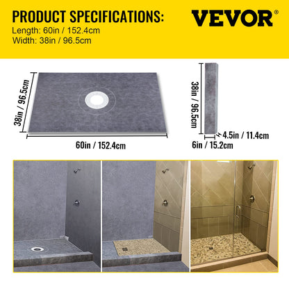 Shower Curb Kit, 38\"x60\" Watertight Shower Curb Overlay with 4\" PVC Central Bonding Flange, 4\" Stainless Steel Grate, 2 Cuttable Shower Curb and Trowel, Shower Pan Slope Sticks Fit for Bathr