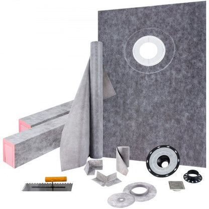 Shower Curb Kit 38\" x 60\" Watertight Shower Curb Overlay with 4\" PVC Offset Bonding Flange, 4\" Stainless Steel Grate, 2 Cuttable Shower Curb and Trowel, Shower Pan Slope Sticks Fit for Bathr