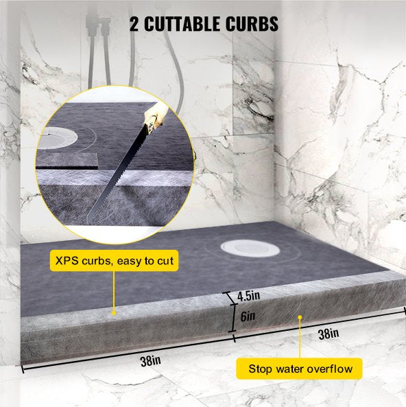 Shower Curb Kit 38\" x 60\" Watertight Shower Curb Overlay with 4\" PVC Offset Bonding Flange, 4\" Stainless Steel Grate, 2 Cuttable Shower Curb and Trowel, Shower Pan Slope Sticks Fit for Bathr