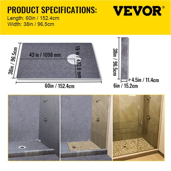 Shower Curb Kit 38\" x 60\" Watertight Shower Curb Overlay with 4\" PVC Offset Bonding Flange, 4\" Stainless Steel Grate, 2 Cuttable Shower Curb and Trowel, Shower Pan Slope Sticks Fit for Bathr