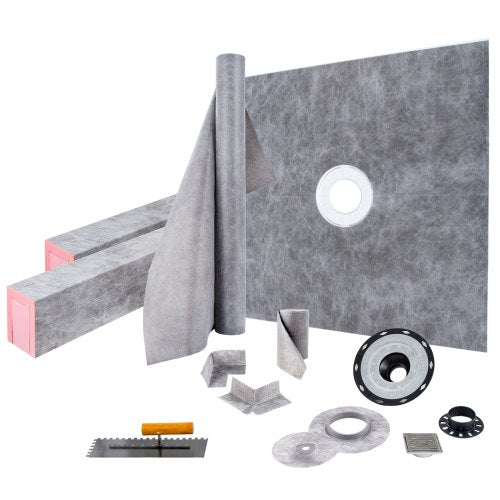 Shower Curb Kit, 48\"x48\" Watertight Shower Curb Overlay with 4\" ABS Central Bonding Flange, 4\" Stainless Steel Grate, 2 Cuttable Shower Curb and Trowel, Shower Pan Slope Sticks Fit for Bathr
