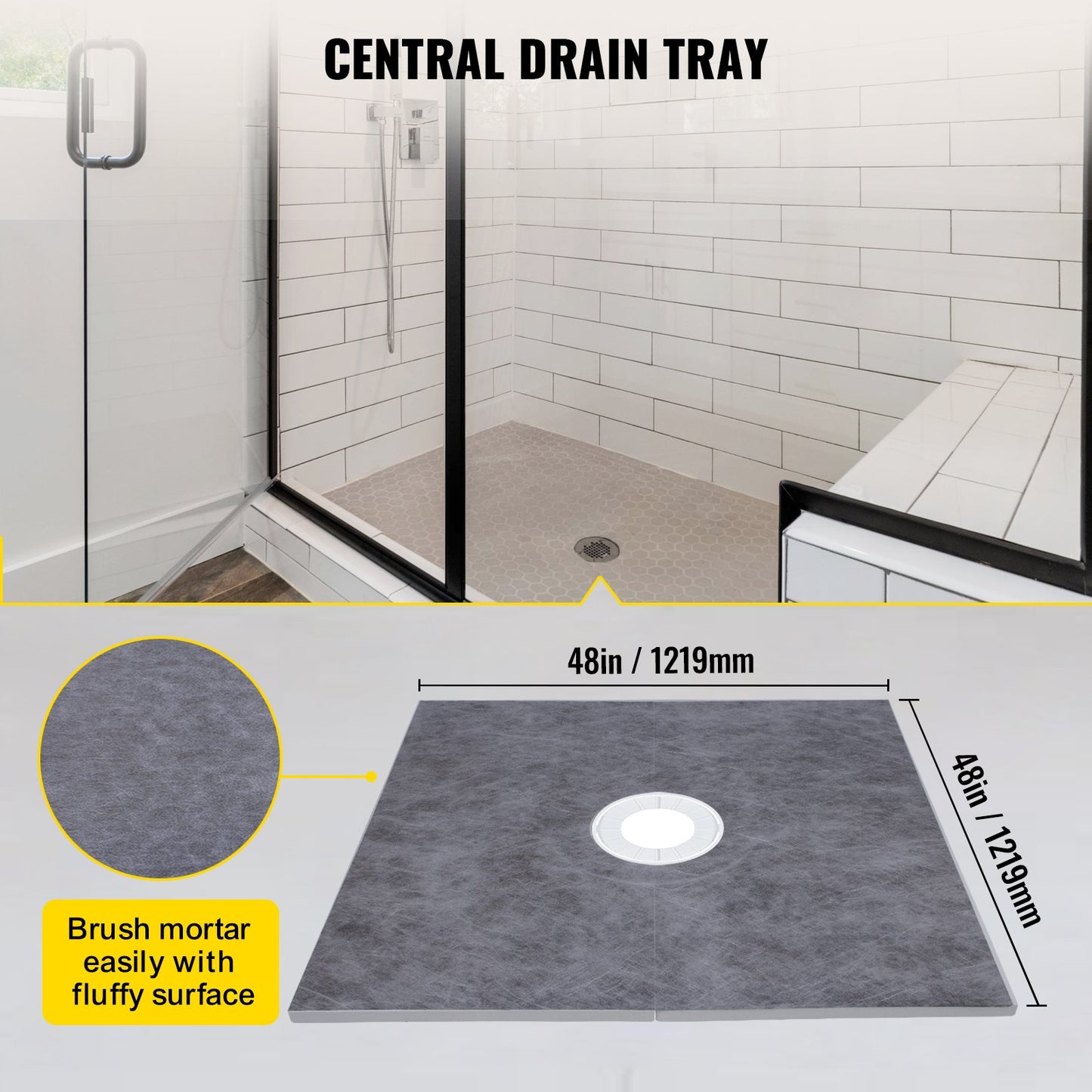 Shower Curb Kit, 48\"x48\" Watertight Shower Curb Overlay with 4\" ABS Central Bonding Flange, 4\" Stainless Steel Grate, 2 Cuttable Shower Curb and Trowel, Shower Pan Slope Sticks Fit for Bathr