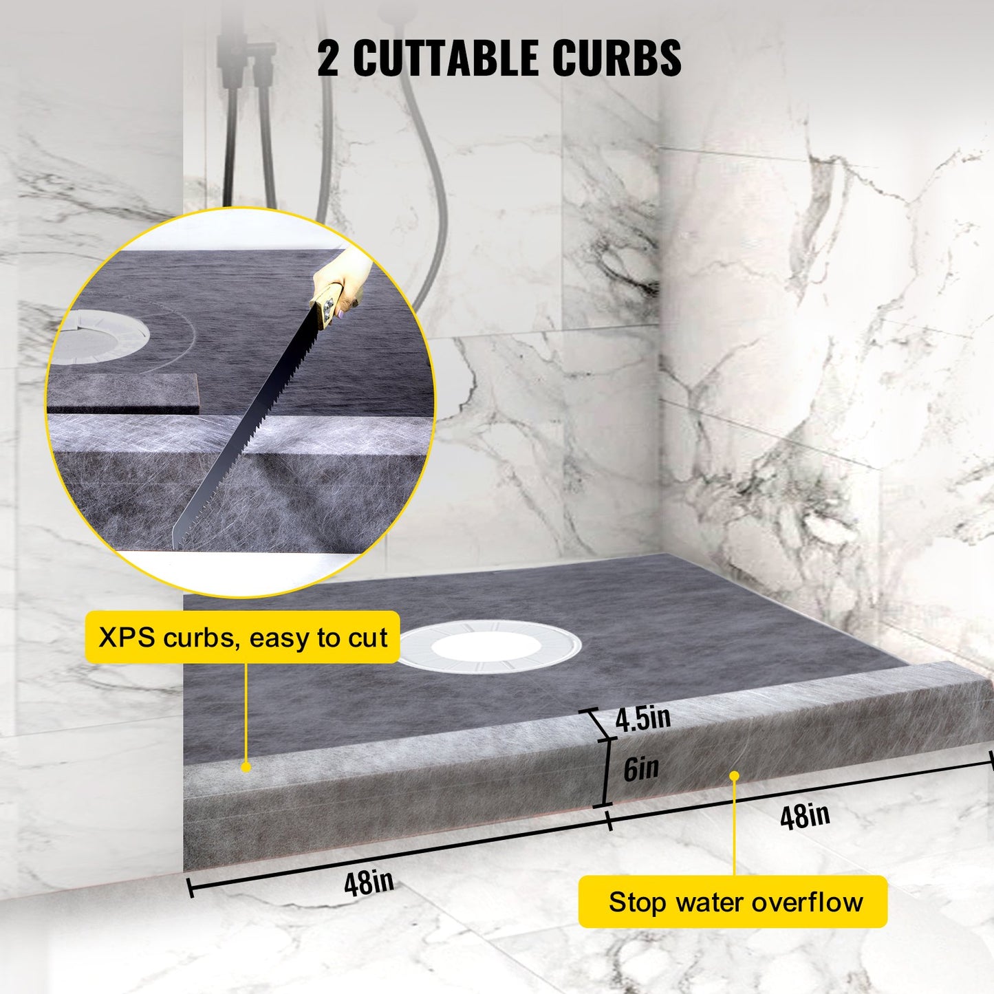 Shower Curb Kit, 48\"x48\" Watertight Shower Curb Overlay with 4\" ABS Central Bonding Flange, 4\" Stainless Steel Grate, 2 Cuttable Shower Curb and Trowel, Shower Pan Slope Sticks Fit for Bathr