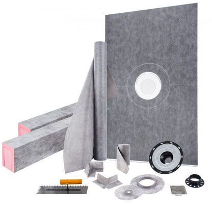 Shower Curb Kit, 48\"x72\" Watertight Shower Curb Overlay with 4\" ABS Central Bonding Flange, 4\" Stainless Steel Grate, 2 Cuttable Shower Curb and Trowel, Shower Pan Slope Sticks Fit for Bathr
