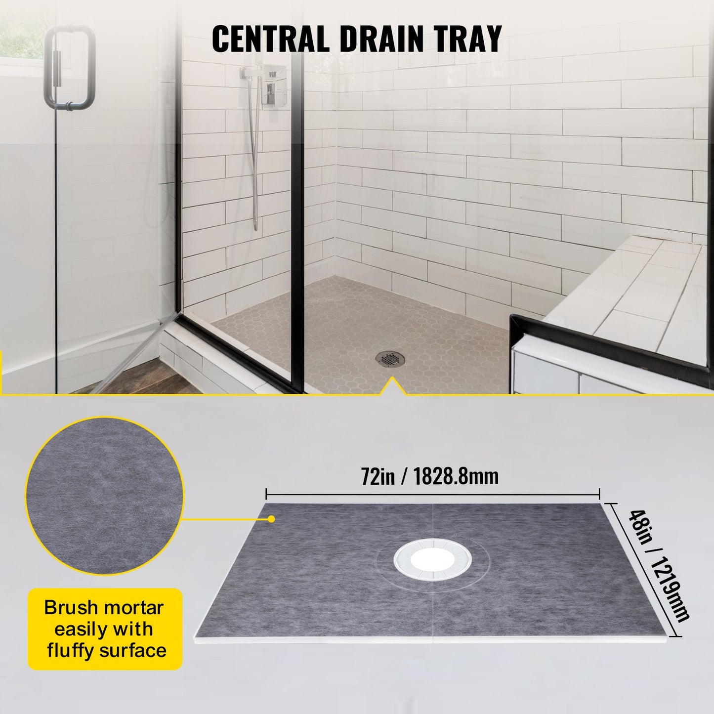 Shower Curb Kit, 48\"x72\" Watertight Shower Curb Overlay with 4\" ABS Central Bonding Flange, 4\" Stainless Steel Grate, 2 Cuttable Shower Curb and Trowel, Shower Pan Slope Sticks Fit for Bathr