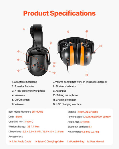 Safety Earmuffs, Electronic Ear Muffs with 5.1 Bluetooth Technology Ear Protector, Noise Reduction Headphone NRR23dB, Hearing Protection Earmuffs for Shooting, Manufacturing and Lawn Mowing
