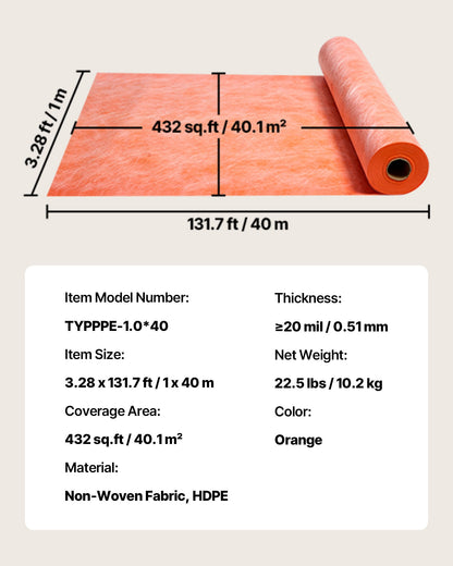 Waterproof Membrane for Shower, 3.3 x 131.7 ft 432 sq.ft Waterproofing Tile Membrane, 20 mil Thickness Polyethylene Fabric Roll, Easy to Cut for Bathroom, Kitchen, Sauna, Walls, Underlayment