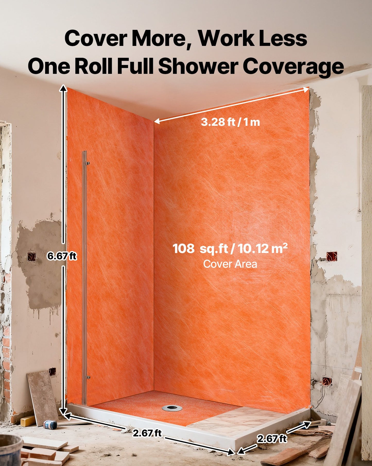 Waterproof Membrane for Shower, 3.3 x 33 ft 108 sq.ft Waterproofing Tile Membrane, 20 mil Thickness Polyethylene Fabric Roll, Easy to Cut for Bathroom, Kitchen, Sauna, Walls, Underlayment
