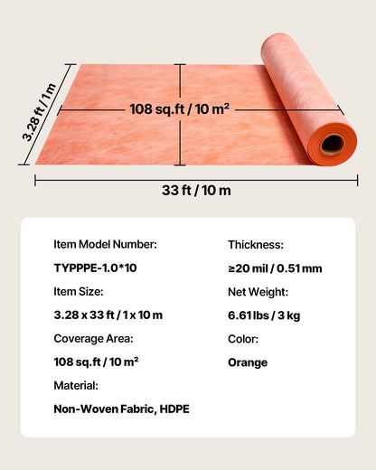 Waterproof Membrane for Shower, 3.3 x 33 ft 108 sq.ft Waterproofing Tile Membrane, 20 mil Thickness Polyethylene Fabric Roll, Easy to Cut for Bathroom, Kitchen, Sauna, Walls, Underlayment