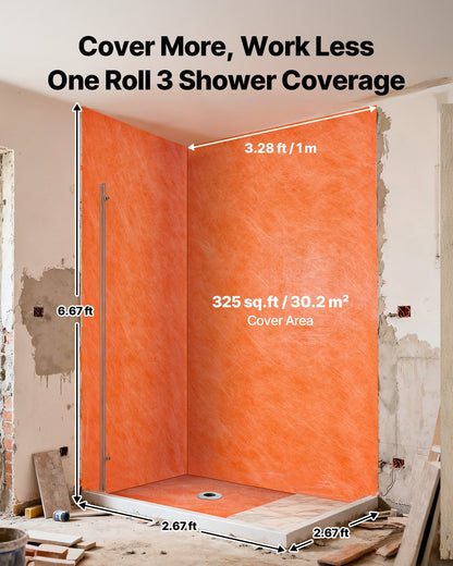 Waterproof Membrane for Shower, 3.3 x 99.1 ft 325 sq.ft Waterproofing Tile Membrane, 20 mil Thickness Polyethylene Fabric Roll, Easy to Cut for Bathroom, Kitchen, Sauna, Walls, Underlayment