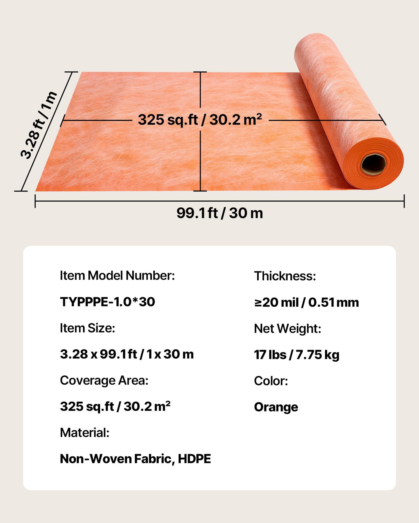 Waterproof Membrane for Shower, 3.3 x 99.1 ft 325 sq.ft Waterproofing Tile Membrane, 20 mil Thickness Polyethylene Fabric Roll, Easy to Cut for Bathroom, Kitchen, Sauna, Walls, Underlayment