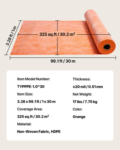 Waterproof Membrane for Shower, 3.3 x 99.1 ft 325 sq.ft Waterproofing Tile Membrane, 20 mil Thickness Polyethylene Fabric Roll, Easy to Cut for Bathroom, Kitchen, Sauna, Walls, Underlayment