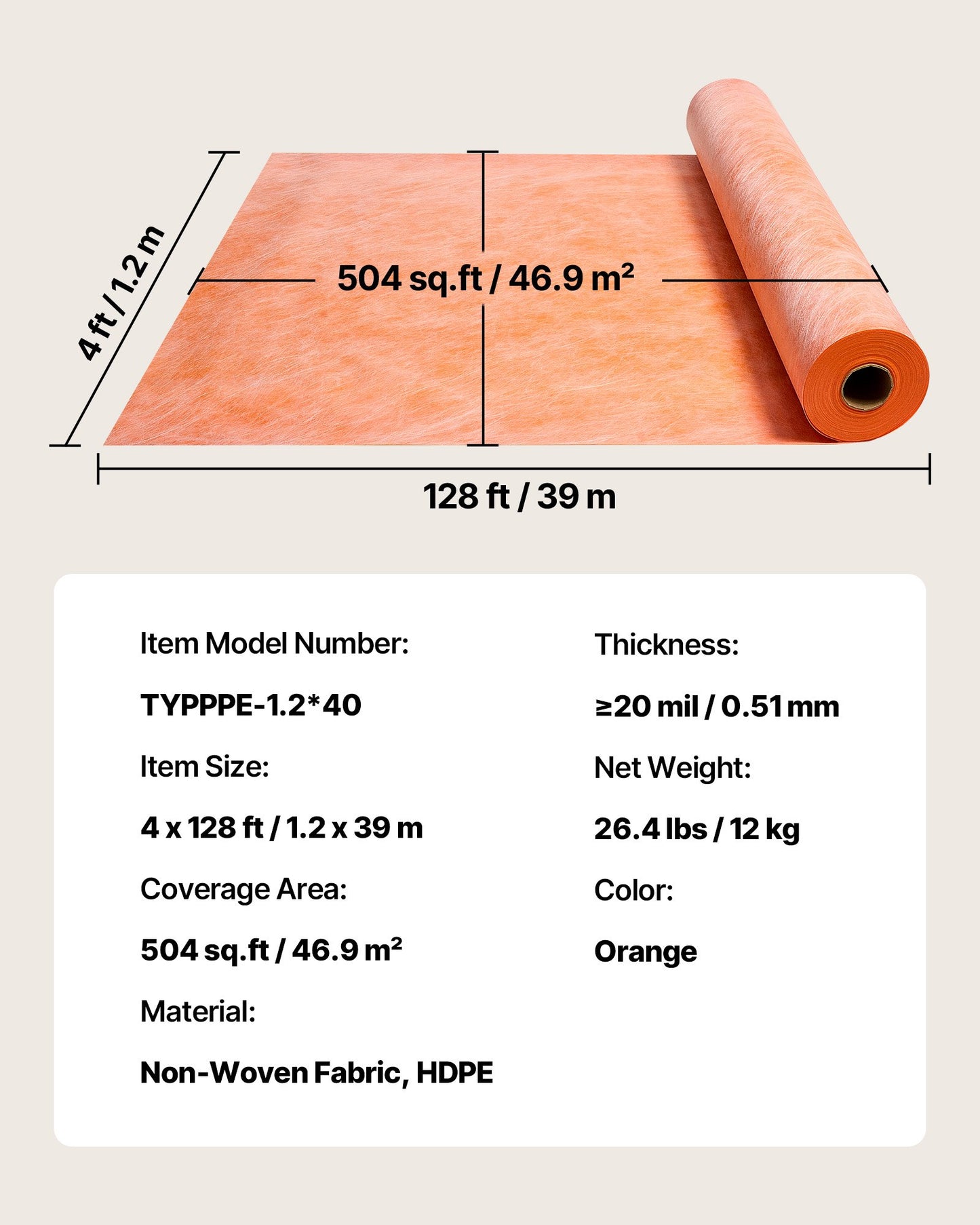 Waterproof Membrane for Shower, 4 x 128 ft 504 sq.ft Waterproofing Tile Membrane, 20 mil Thickness Polyethylene Fabric Roll, Easy to Cut for Bathroom, Kitchen, Sauna, Walls, Underlayment