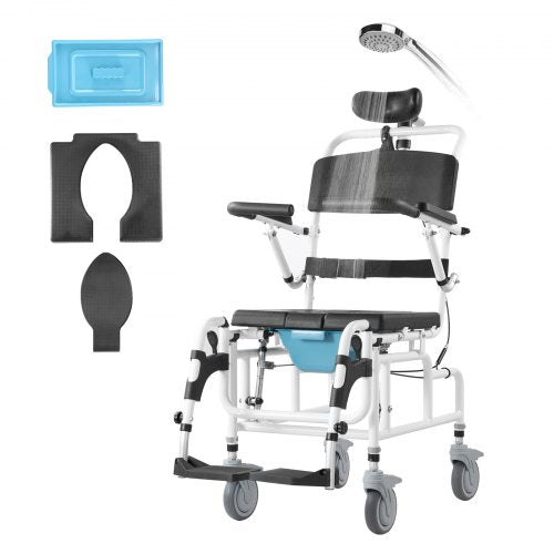 Shower Wheelchair, 17.5in Width Aluminum Alloy Bathroom Wheelchair for Inside Shower, Adjustable Rolling Shower Chair w/ Brake for Disabled Adult, 300 lbs Capacity Shower Transport Chair