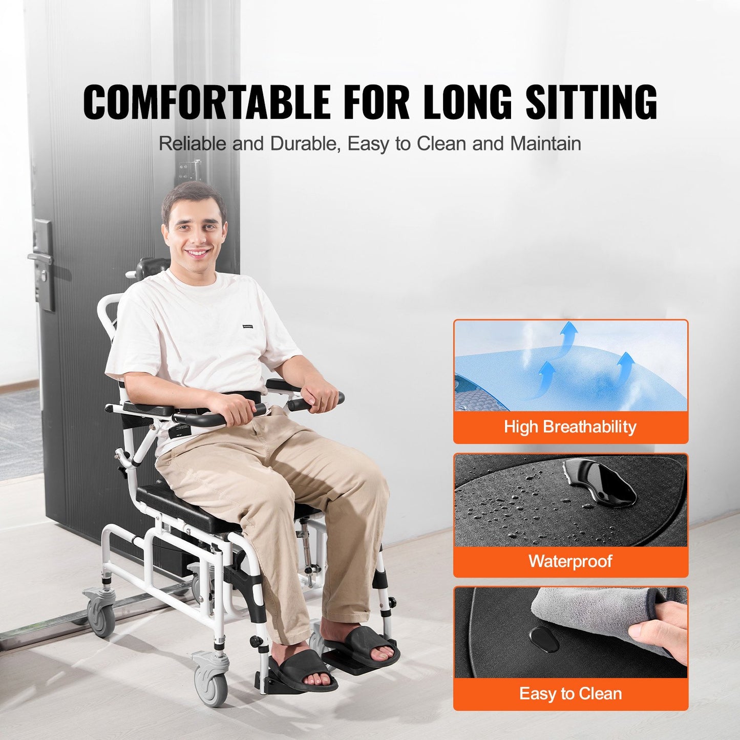 Shower Wheelchair, 17.5in Width Aluminum Alloy Bathroom Wheelchair for Inside Shower, Adjustable Rolling Shower Chair w/ Brake for Disabled Adult, 300 lbs Capacity Shower Transport Chair