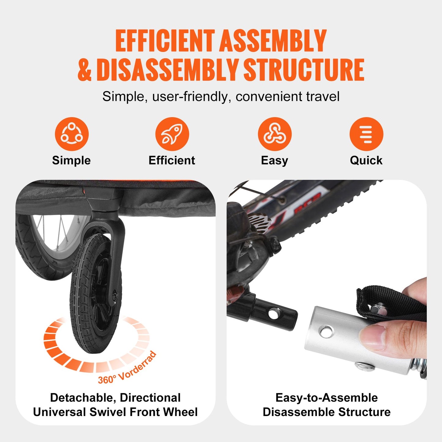 Fahrradanhänger für Kleinkinder, Kinder, Doppelsitz, 45,4 kg Tragkraft, 2-in-1-Verdeckhalterung, lässt sich in einen Kinderwagen umwandeln, faltbarer Kinderfahrradanhänger zum Hinterherziehen mit universeller Fahrradkupplung, Orange und Grau