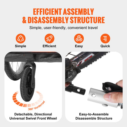 Fahrradanhänger für Kleinkinder, Kinder, Doppelsitz, 45,4 kg Tragkraft, 2-in-1-Verdeckhalterung, lässt sich in einen Kinderwagen umwandeln, faltbarer Kinderfahrradanhänger zum Hinterherziehen mit universeller Fahrradkupplung, Orange und Grau