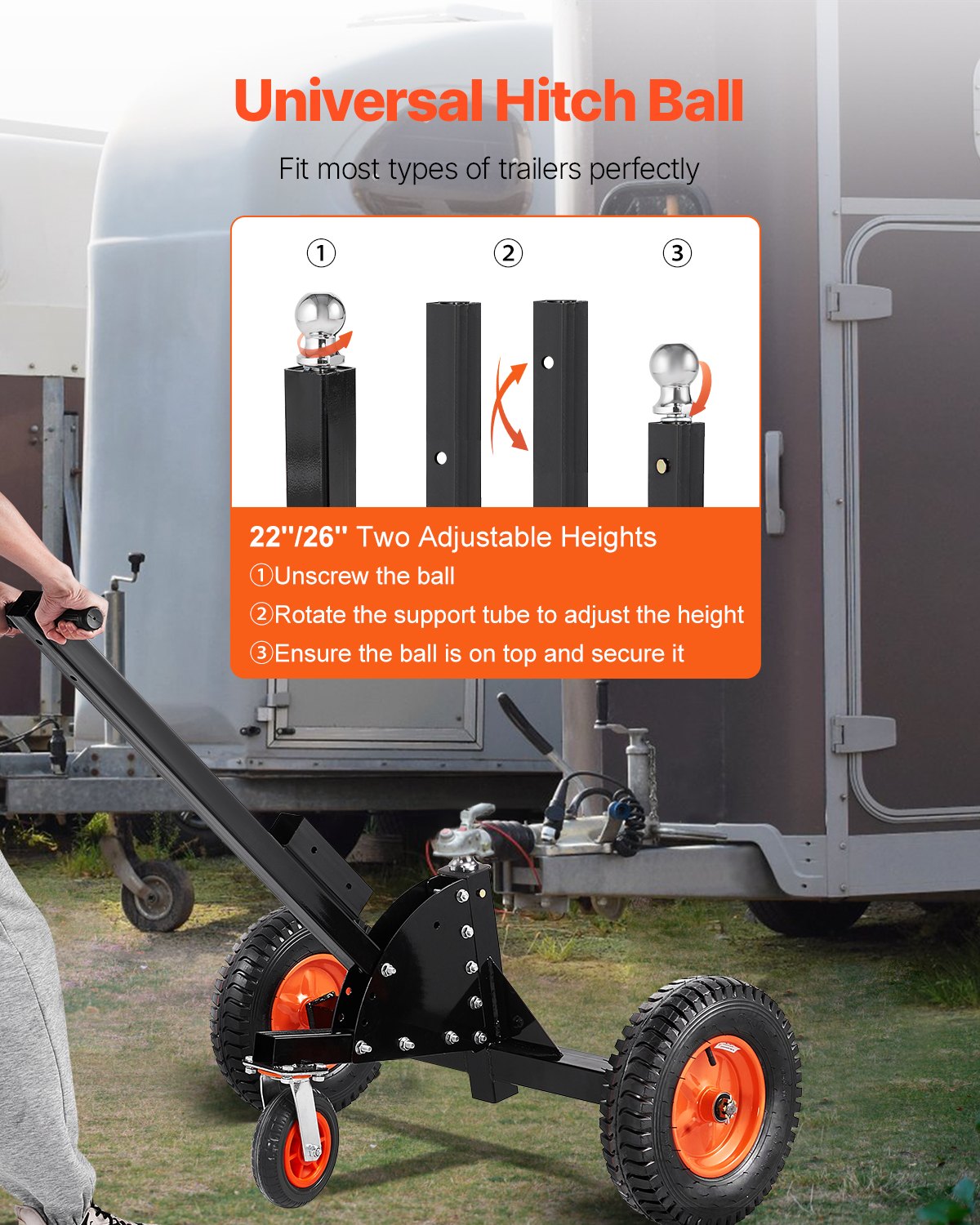 1500lbs 2-i-1 Trailer Dolly 22 och 26 i justerbar höjd 2-tums boll med hjul