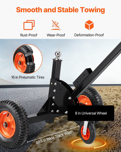 Heavy-Duty Trailer Dolly, 1500lbs Tongue Weight Capacity, 2 in 1 Trailer Mover with 2 in Ball, 16 in Pneumatic Tires and Universal Wheel, Portable Tow Dolly for Moving Car RV Trailer