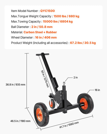 Heavy-Duty Trailer Dolly, 1500lbs Tongue Weight Capacity, 2 in 1 Trailer Mover with 2 in Ball, 16 in Pneumatic Tires and Universal Wheel, Portable Tow Dolly for Moving Car RV Trailer