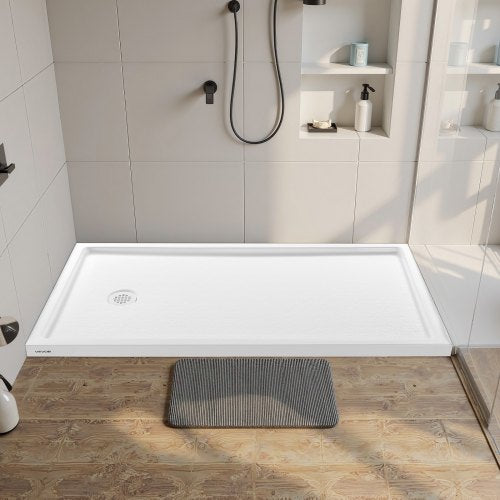 Shower Pan, 60″ L x 30″ W Single Threshold Shower Base, Rectangle Acrylic & PVC Showering Base in White, Slip-Resistant Showering Pan Bases with Drain & Cover for Bathroom, Left Drain Location