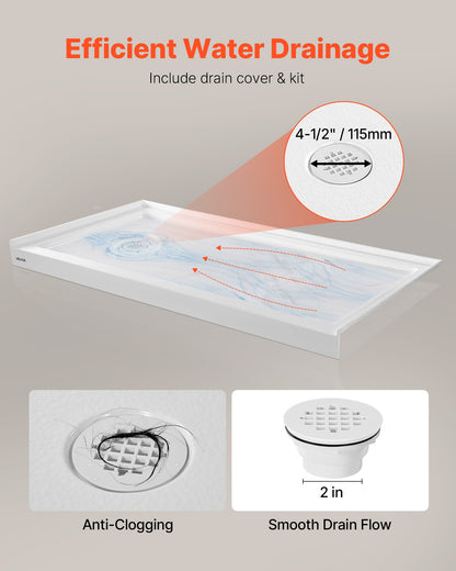 Shower Pan, 60″ L x 30″ W Single Threshold Shower Base, Rectangle Acrylic & PVC Showering Base in White, Slip-Resistant Showering Pan Bases with Drain & Cover for Bathroom, Left Drain Location