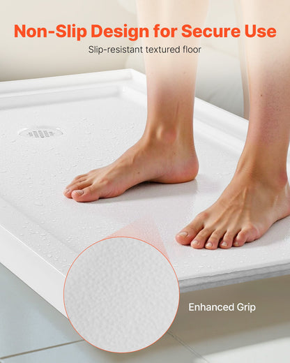 Shower Pan, 60″ L x 30″ W Single Threshold Shower Base, Rectangle Acrylic & PVC Showering Base in White, Slip-Resistant Showering Pan Bases with Drain & Cover for Bathroom, Left Drain Location
