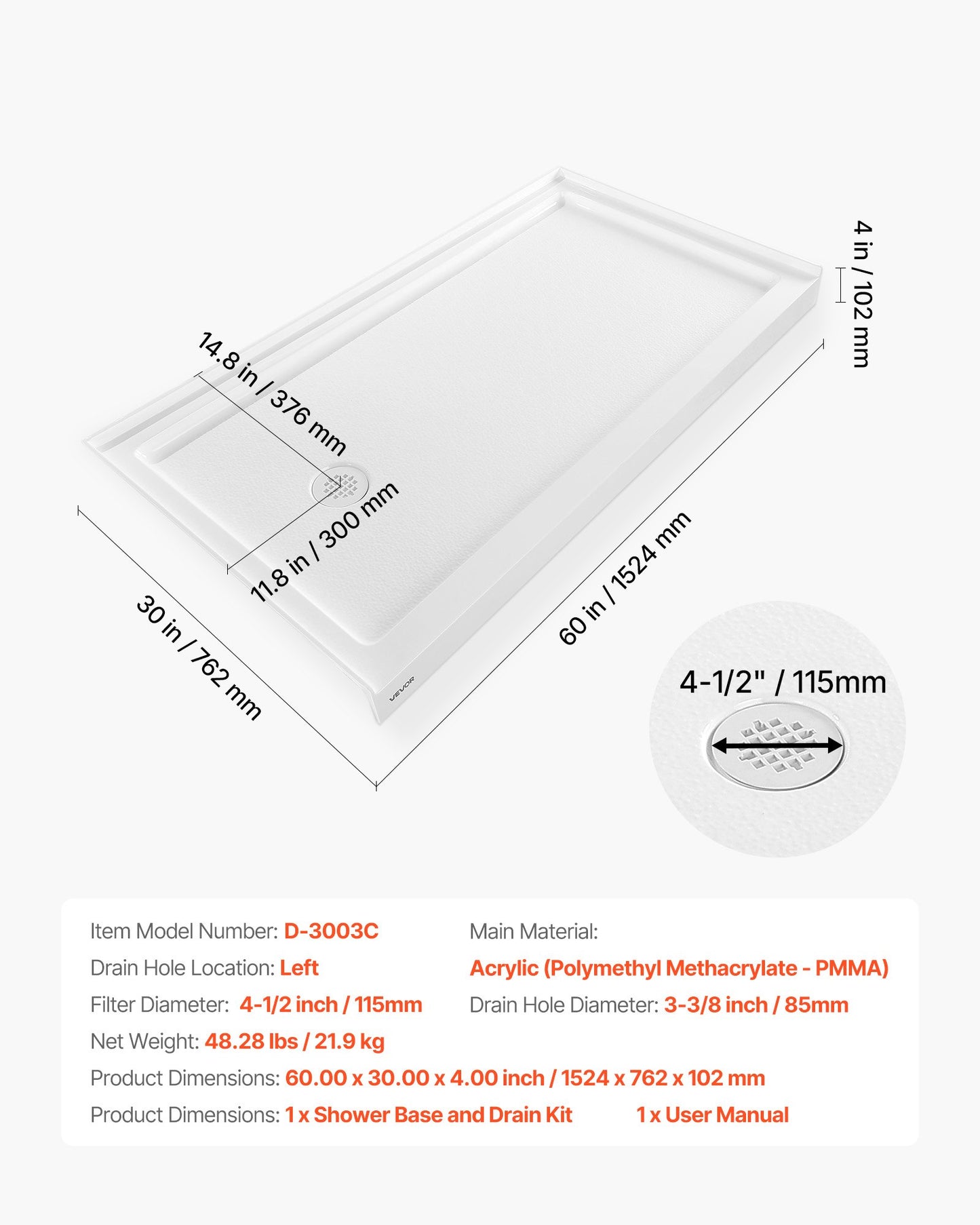 Shower Pan, 60″ L x 30″ W Single Threshold Shower Base, Rectangle Acrylic & PVC Showering Base in White, Slip-Resistant Showering Pan Bases with Drain & Cover for Bathroom, Left Drain Location