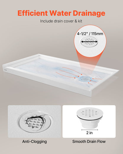 Shower Pan, 60″ L x 30″ W Single Threshold Shower Base, Rectangle Acrylic & PVC Showering Base in White, Slip-Resistant Showering Pan Bases with Drain & Cover for Bathroom, Right Drain Location