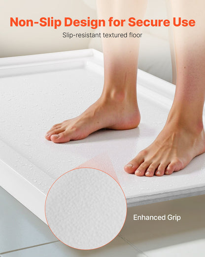 Shower Pan, 60″ L x 30″ W Single Threshold Shower Base, Rectangle Acrylic & PVC Showering Base in White, Slip-Resistant Showering Pan Bases with Drain & Cover for Bathroom, Right Drain Location