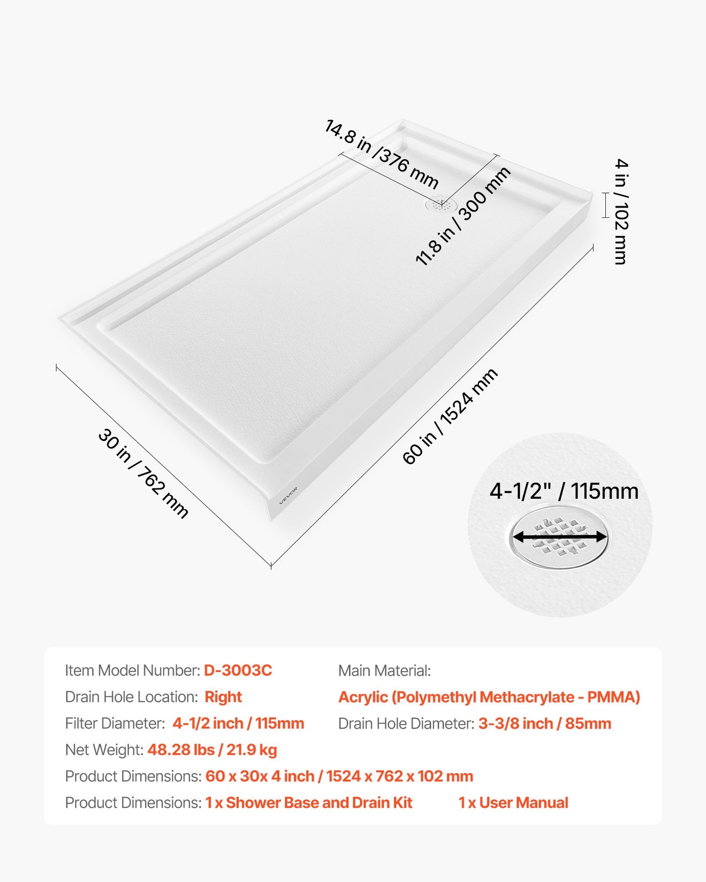 Shower Pan, 60″ L x 30″ W Single Threshold Shower Base, Rectangle Acrylic & PVC Showering Base in White, Slip-Resistant Showering Pan Bases with Drain & Cover for Bathroom, Right Drain Location