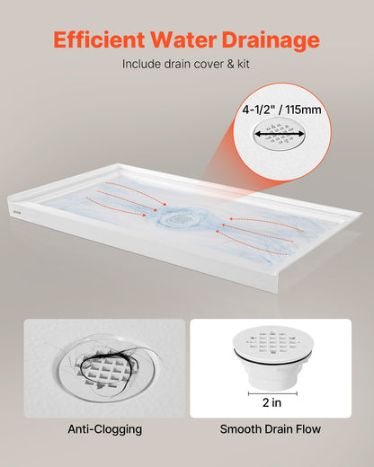 Shower Pan, 60″ L x 32″ W Single Threshold Shower Base, Rectangle Acrylic & PVC Showering Base in White, Slip-Resistant Showering Pan Bases with Drain & Cover for Bathroom, Center Drain Location