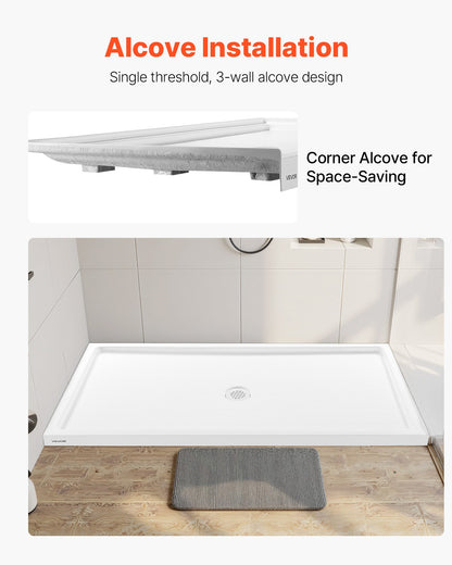 Shower Pan, 60″ L x 32″ W Single Threshold Shower Base, Rectangle Acrylic & PVC Showering Base in White, Slip-Resistant Showering Pan Bases with Drain & Cover for Bathroom, Center Drain Location