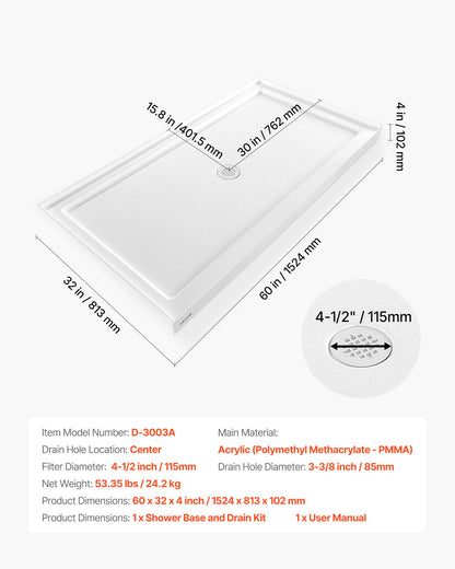 Shower Pan, 60″ L x 32″ W Single Threshold Shower Base, Rectangle Acrylic & PVC Showering Base in White, Slip-Resistant Showering Pan Bases with Drain & Cover for Bathroom, Center Drain Location