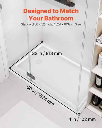 Shower Pan, 60″ L x 32″ W Single Threshold Shower Base, Rectangle Acrylic & PVC Showering Base in White, Slip-Resistant Showering Pan Bases with Drain & Cover for Bathroom, Left Drain Location