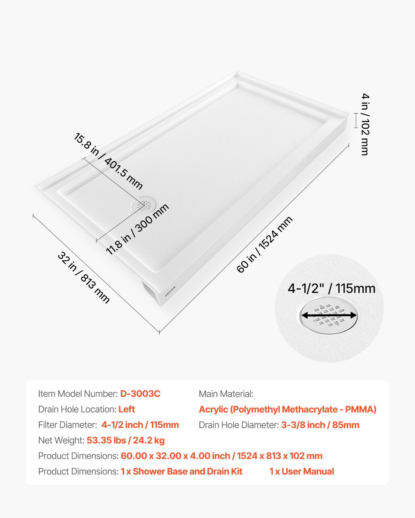 Shower Pan, 60″ L x 32″ W Single Threshold Shower Base, Rectangle Acrylic & PVC Showering Base in White, Slip-Resistant Showering Pan Bases with Drain & Cover for Bathroom, Left Drain Location