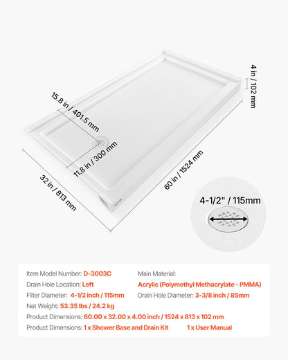 Shower Pan, 60″ L x 32″ W Single Threshold Shower Base, Rectangle Acrylic & PVC Showering Base in White, Slip-Resistant Showering Pan Bases with Drain & Cover for Bathroom, Left Drain Location