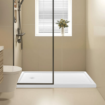 Shower Pan, 60″ L x 32″ W Single Threshold Shower Base, Rectangle Acrylic & PVC Showering Base in White, Slip-Resistant Showering Pan Bases with Drain & Cover for Bathroom, Left Drain Location