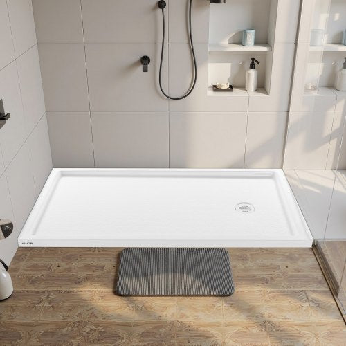 Shower Pan, 60″ L x 32″ W Single Threshold Shower Base, Rectangle Acrylic & PVC Showering Base in White, Slip-Resistant Showering Pan Bases with Drain & Cover for Bathroom, Right Drain Location