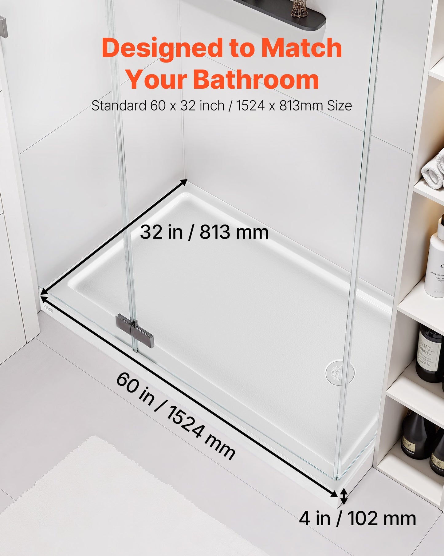 Shower Pan, 60″ L x 32″ W Single Threshold Shower Base, Rectangle Acrylic & PVC Showering Base in White, Slip-Resistant Showering Pan Bases with Drain & Cover for Bathroom, Right Drain Location