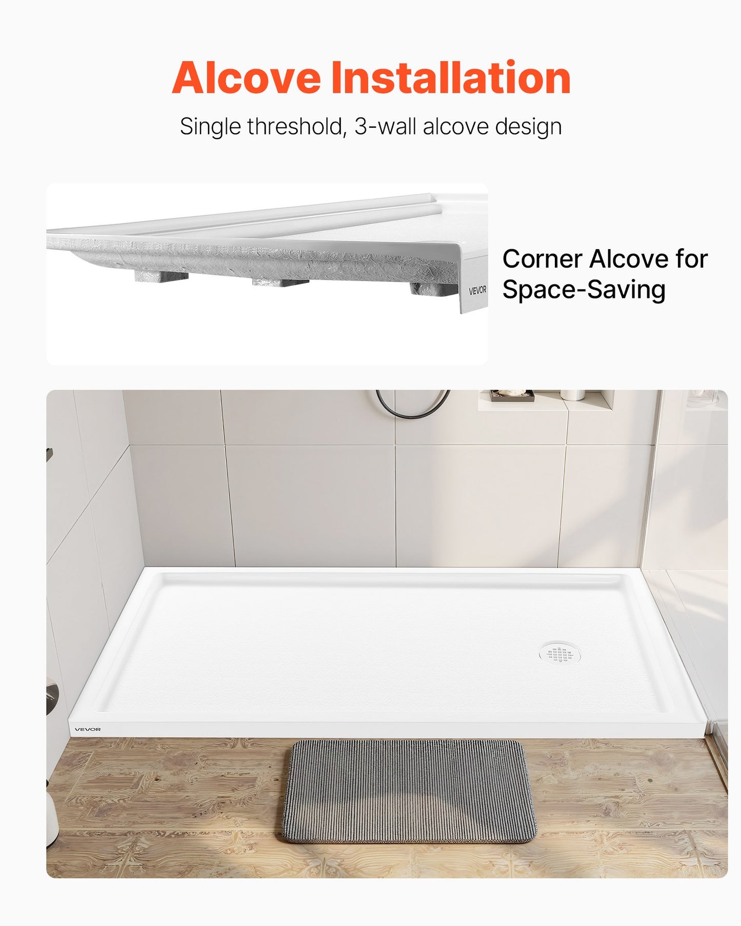 Shower Pan, 60″ L x 32″ W Single Threshold Shower Base, Rectangle Acrylic & PVC Showering Base in White, Slip-Resistant Showering Pan Bases with Drain & Cover for Bathroom, Right Drain Location
