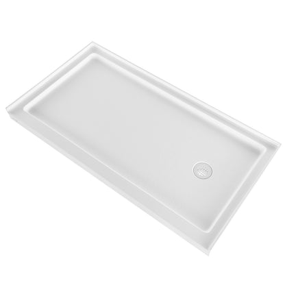Shower Pan, 60″ L x 32″ W Single Threshold Shower Base, Rectangle Acrylic & PVC Showering Base in White, Slip-Resistant Showering Pan Bases with Drain & Cover for Bathroom, Right Drain Location