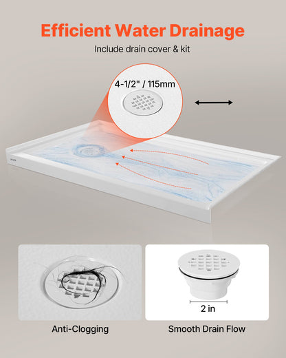 Shower Pan, 60″ L x 36″ W Single Threshold Shower Base, Rectangle Acrylic & PVC Showering Base in White, Slip-Resistant Showering Pan Bases with Drain & Cover for Bathroom, Left Drain Location